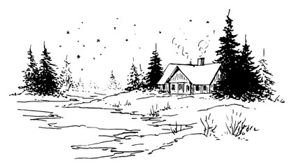 Hand Drawn Cozy Cabin in Snowy Forest Landscape with Smoke from Chimney Winter Vector Illustration