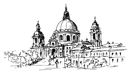 Hand drawn cathedral basilica with large dome and historical city architecture Vector sketch illustration of European religious landmark building