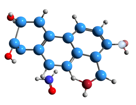 A ball-and-stick molecular model showing blue, red, and white spheres connected by gray sticks, on a black background