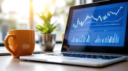 Financial stock data analysis on computer with coffee and plant