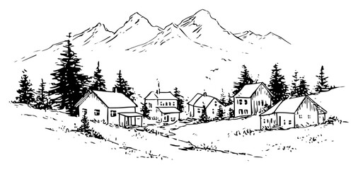 Hand drawn Mountain Village with Pine Trees Black and White Doodle Vector Illustration