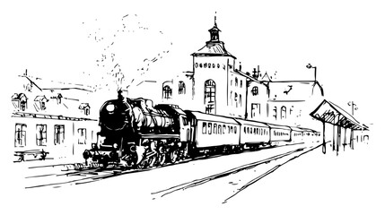 Fototapeta premium Hand drawn Steam Train at Historic City Railway Station Platform Black and White Doodle Vector Illustration