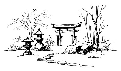 Hand drawn japanese garden landscape with torii gate and stone lanterns vector sketch of zen scenery