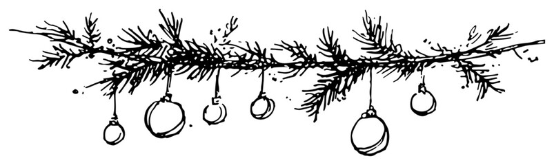 Naklejka premium Hand drawn Christmas pine branch garland with hanging baubles and balls Vector sketch illustration of festive winter border decoration