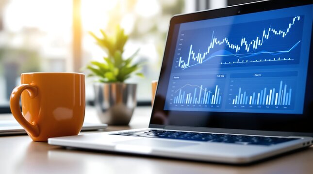 Financial stock data analysis on computer with coffee and plant