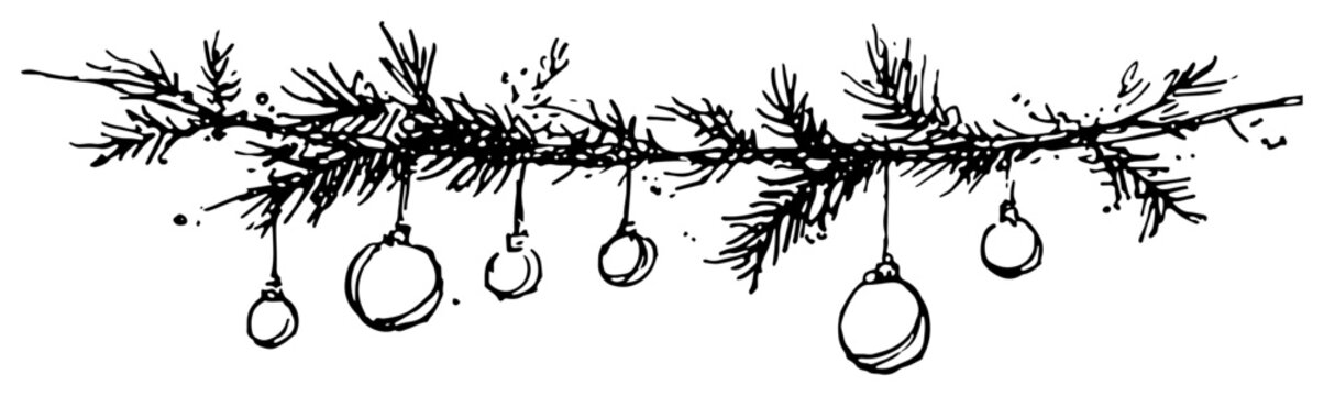 Fototapeta Hand drawn Christmas pine branch garland with hanging baubles and balls Vector sketch illustration of festive winter border decoration
