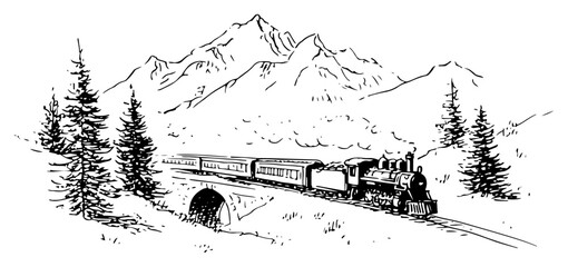 Vintage Steam Train in Mountain Landscape – Hand-Drawn Black & White Vector Illustration © Kaz