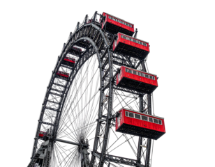 A black ferris wheel with bright red cabins against a dark, contrasting background