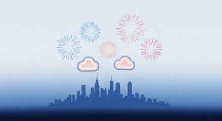 Skyline silhouette with fireworks and clouds. Cityscape celebration with festive display.