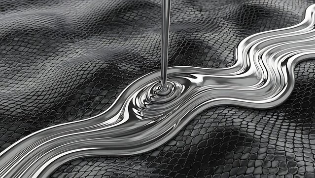 Liquid metal flowing on a textured surface in a mesmerizing display of fluid dynamics.