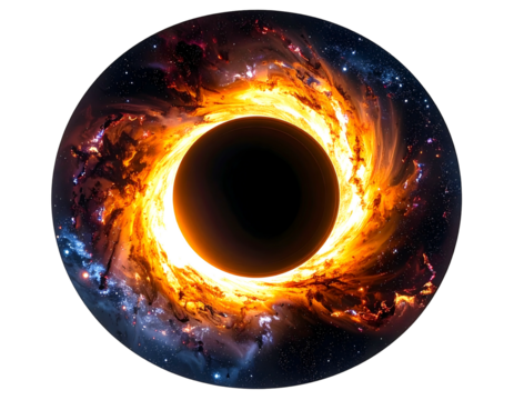 A black hole with a bright ring of light and swirling cosmic dust against a black backdrop in a circular frame - Powered by Adobe