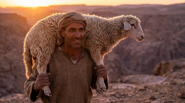 The Good Shepherd Carrying the Lost Sheep on His Shoulders: Biblical Parable of Jesus Christ about Rescue. Luke 15