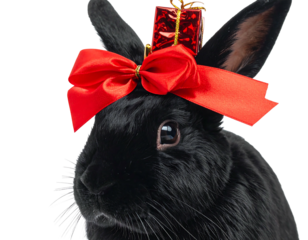 A black rabbit is decorated with a big red bow and a small gift on its head, set against a black background