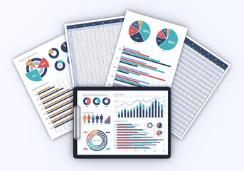 ビジネス資料、ビジネスデータをプリントした書類とクリップボード