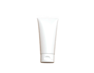 A blank white squeezable tube with a cap, positioned centrally on a black background with soft lighting