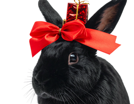 A black rabbit is decorated with a big red bow and a small gift on its head, set against a black background