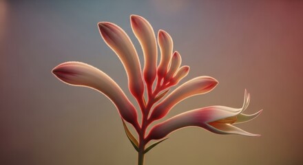 Fototapeta premium Close up of a kangaroo paw flower with red stems and pink petals against soft lighting.