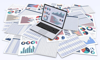 ビジネス資料とデータを表示したノートパソコン