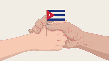 Two hands clasped together, one holding a cuban flag, representing unity and agreement.