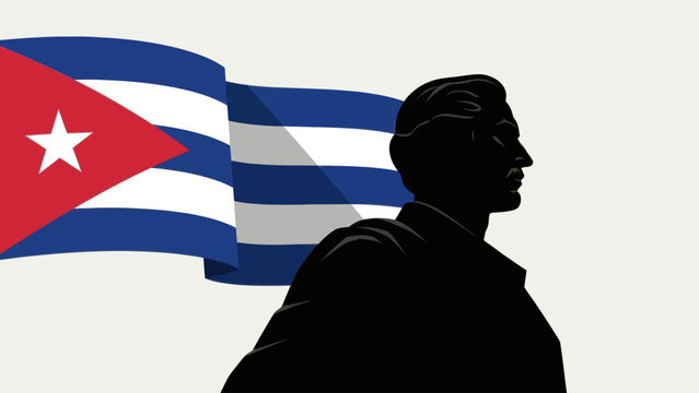 Silhouette of jose marti with the cuban flag waving in the background. Independence concept.