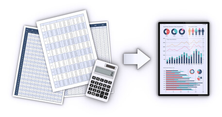 ビジネス資料とデータを表示したタブレットパソコン、データ化のイメージ