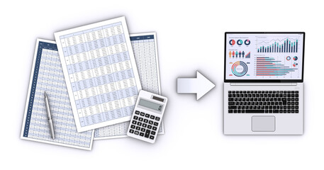 ビジネス資料とデータを表示したノートパソコン、データ化のイメージ
