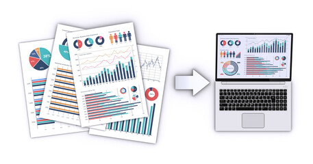 ビジネス資料とデータを表示したノートパソコン、データ化のイメージ