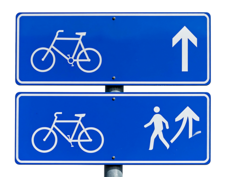 A blue sign shows a bicycle, an arrow, and a walking person. Directing people to follow rules for shared paths