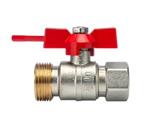 A brass ball valve with red handle on a black background, close-up shot