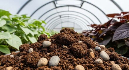A pile of soil with small stones in a bright greenhouse