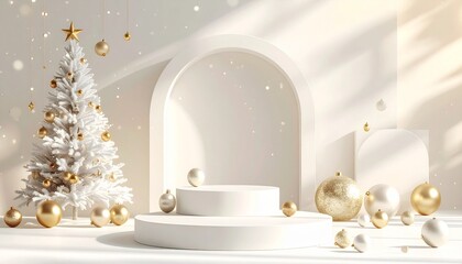 골드 오너먼트와 화이트 크리스마스 트리 그리고 라운드 받침대 hite Christmas Trees with Gold Ornaments and Round Podium