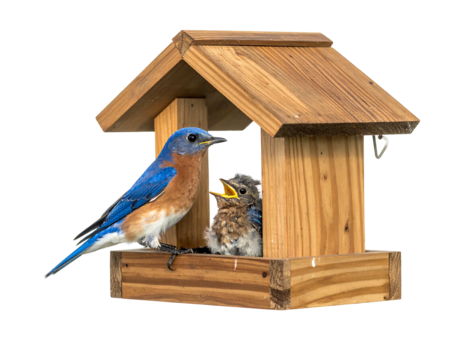 A bright bluebird perches near a wooden bird feeder, feeding a fluffy chick. Background is black