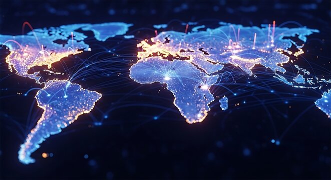 World map with glowing connections, representing global network and communication.