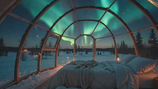 Captivating Aurora Borealis Display from Inside a Cozy Glass Igloo at Winter Wonderland