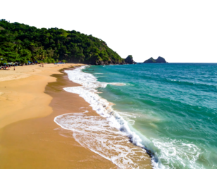 A bright, sandy beach meets the clear, turquoise ocean, lined by lush, green hills under a sunny sky