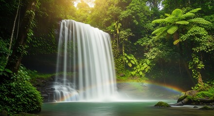 Beautiful waterfall cascading into a pool of water surrounded by lush green vegetation and a rainbow.
