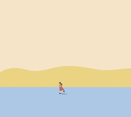 Joyful Girl in pink dress running in public park. Summer outdoor holiday vacation. Modern minimal design.