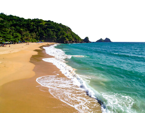 A bright, sandy beach meets the clear, turquoise ocean, lined by lush, green hills under a sunny sky