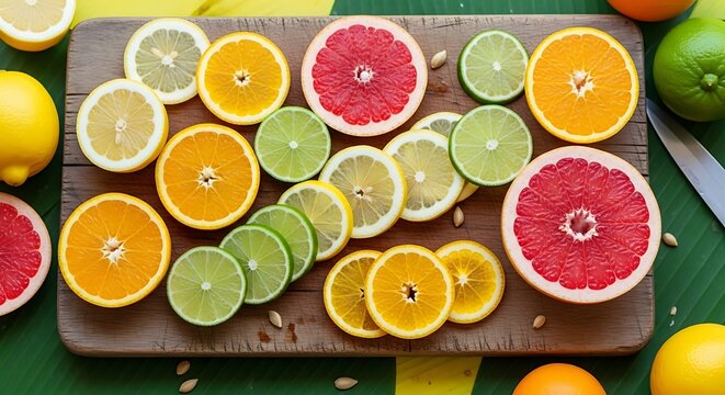 Overhead shot of sliced citrus fruits arranged on a wooden cutting board, showcasing vibrant colors and textures. - Powered by Adobe