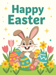 Cute Easter Bunny With Colorful Eggs and Spring Flowers 