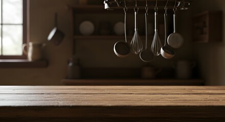 Warm kitchen scene with rustic wooden table, showing hanging utensils and soft window light.