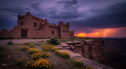Dramatic view of Pueblo architecture with lightning strikes and ominous storm clouds at dusk.