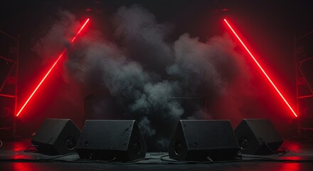 Eerie stage setting with intense red lasers slicing through smoke and audio speakers arrayed below.