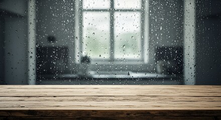 Moody interior shot featuring a wooden table in front of a window covered in raindrops.