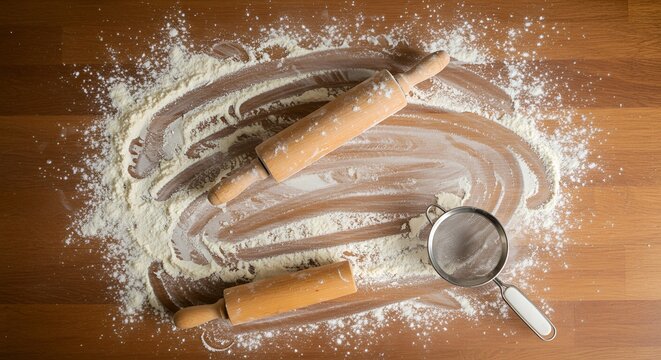 Overhead view captures the baking process with wooden rolling pins and flour sifter, brown table.