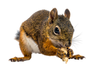 A brown squirrel sits, holding food with its paws, eyes open, mouth munching, against a black background