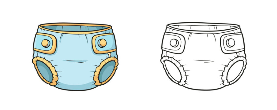 Cartoon style illustrations of a baby diaper with fasteners, one in blue and yellow colors, the other in black and white outline for kids book