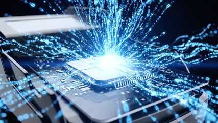 Illuminated circuit board with data streams radiating outward, digital processing concept - Powered by Adobe