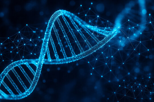 AI generated DNA helix with glowing blue strands and digital network nodes representing genetic science biotechnology genomics data and molecular connections