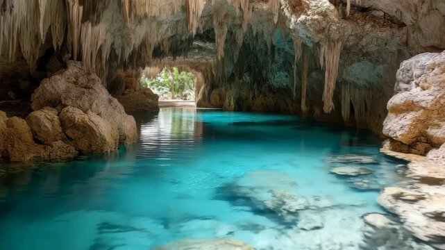 Crystal Clear Water Inside Sunlit Cave Cenote
